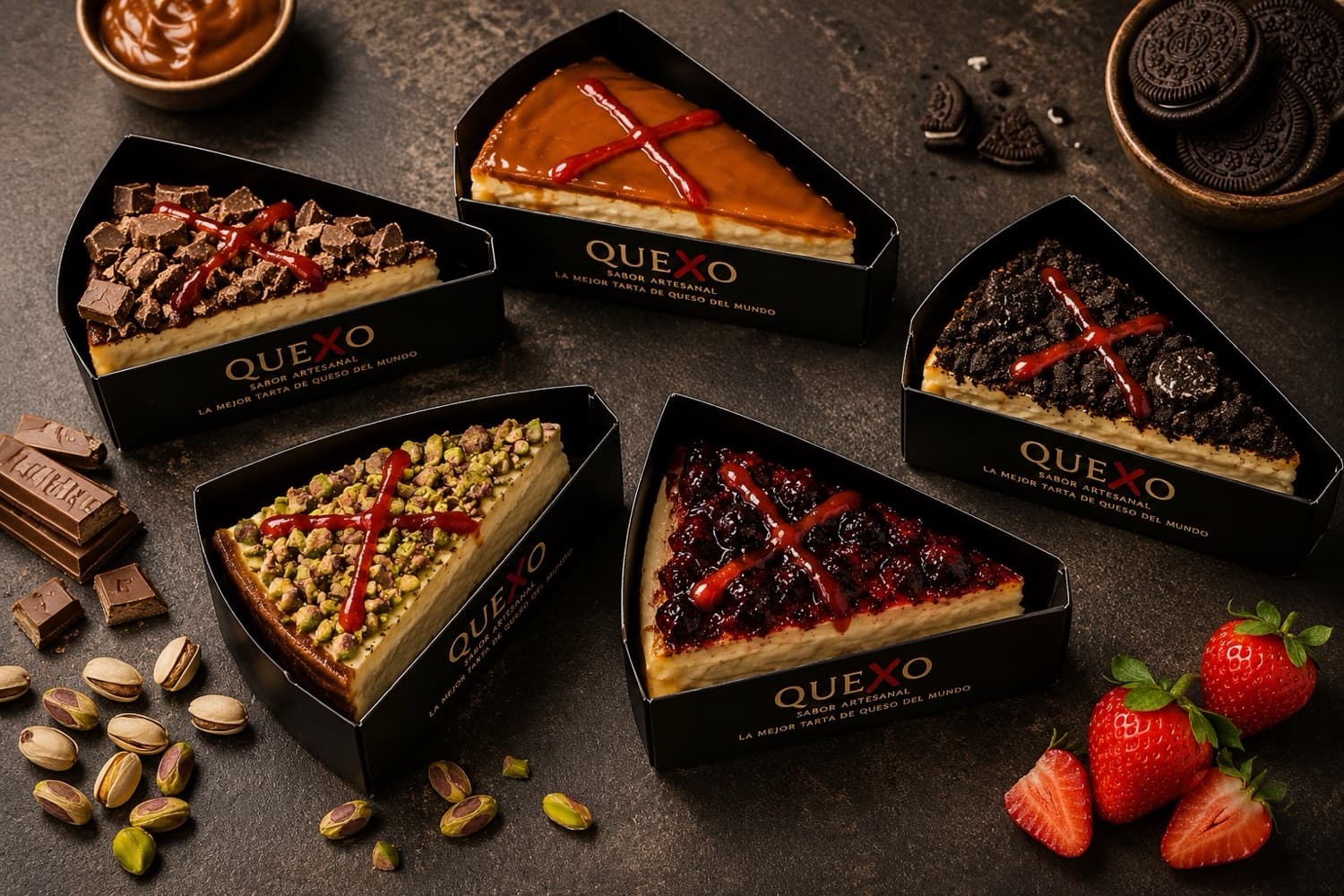 Bodegón de porciones de tarta de queso Quexo en sus cajas negras con distintos toppings